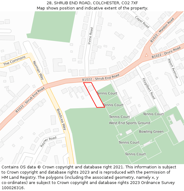 28, SHRUB END ROAD, COLCHESTER, CO2 7XF: Location map and indicative extent of plot