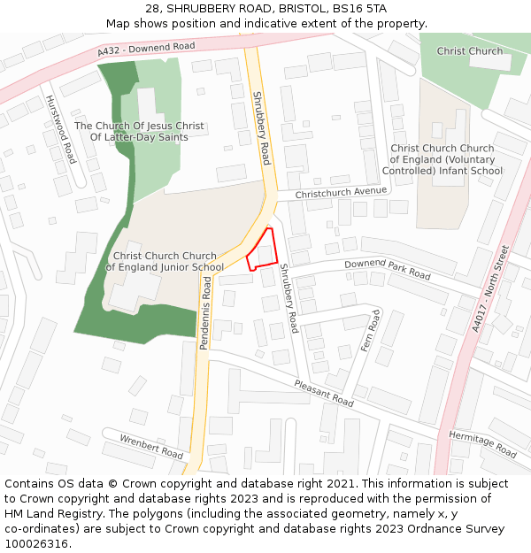 28, SHRUBBERY ROAD, BRISTOL, BS16 5TA: Location map and indicative extent of plot