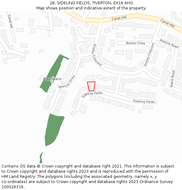 28, SIDELING FIELDS, TIVERTON, EX16 4HG: Location map and indicative extent of plot