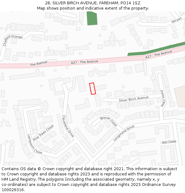 28, SILVER BIRCH AVENUE, FAREHAM, PO14 1SZ: Location map and indicative extent of plot