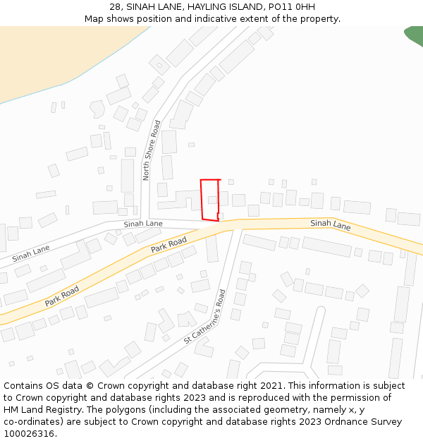 28, SINAH LANE, HAYLING ISLAND, PO11 0HH: Location map and indicative extent of plot