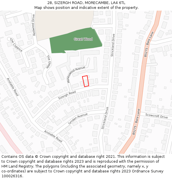 28, SIZERGH ROAD, MORECAMBE, LA4 6TL: Location map and indicative extent of plot