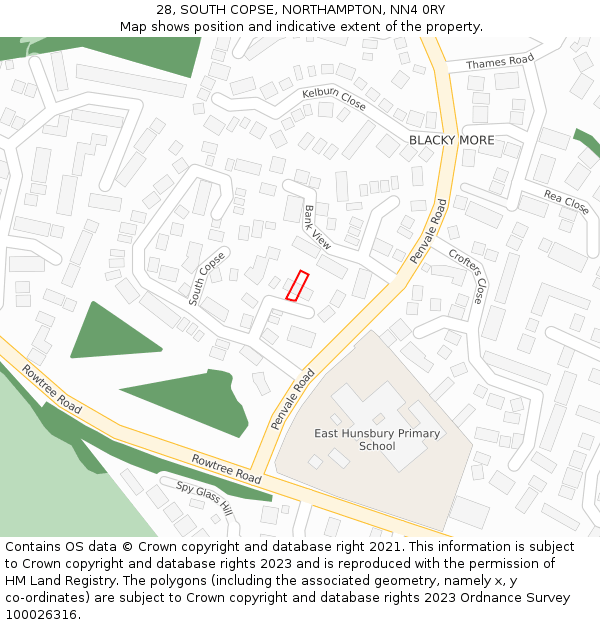 28, SOUTH COPSE, NORTHAMPTON, NN4 0RY: Location map and indicative extent of plot