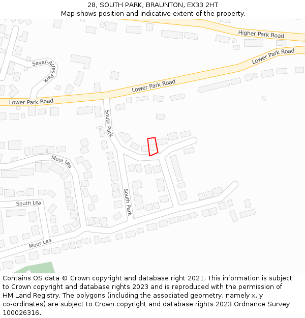 28, SOUTH PARK, BRAUNTON, EX33 2HT: Location map and indicative extent of plot