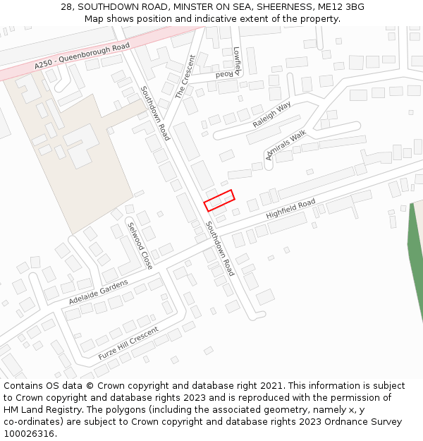 28, SOUTHDOWN ROAD, MINSTER ON SEA, SHEERNESS, ME12 3BG: Location map and indicative extent of plot