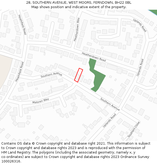 28, SOUTHERN AVENUE, WEST MOORS, FERNDOWN, BH22 0BL: Location map and indicative extent of plot