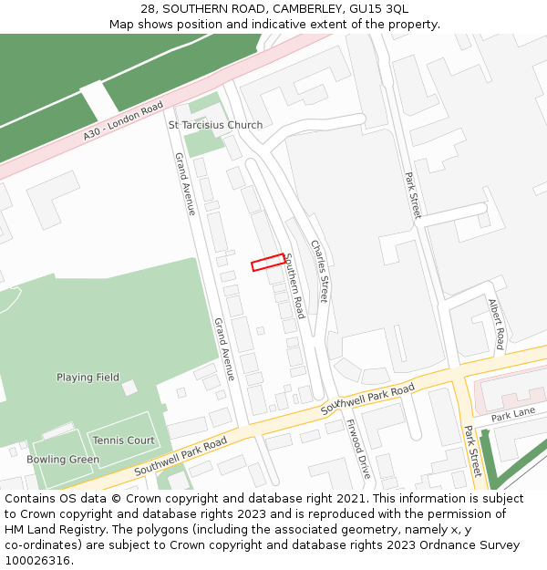 28, SOUTHERN ROAD, CAMBERLEY, GU15 3QL: Location map and indicative extent of plot