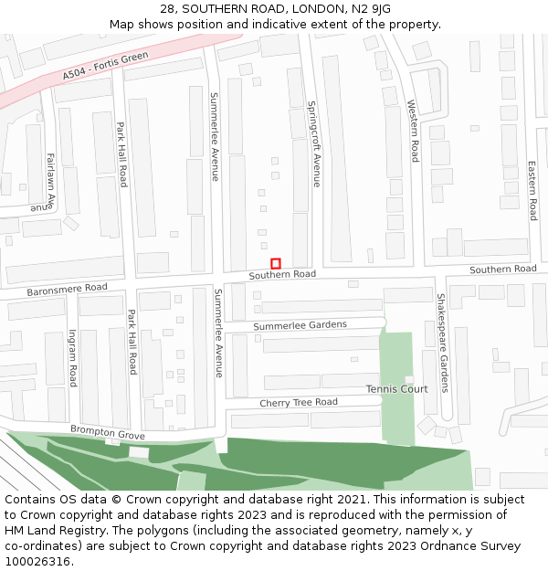 28, SOUTHERN ROAD, LONDON, N2 9JG: Location map and indicative extent of plot