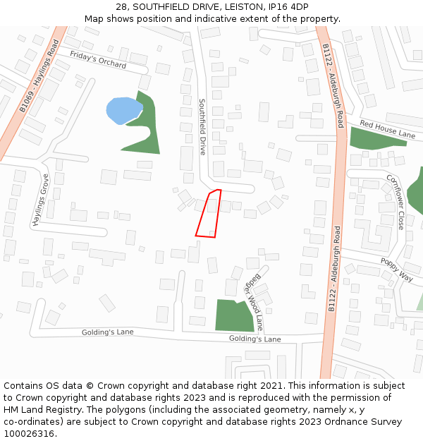 28, SOUTHFIELD DRIVE, LEISTON, IP16 4DP: Location map and indicative extent of plot