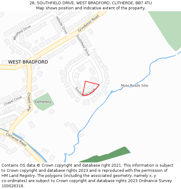 28, SOUTHFIELD DRIVE, WEST BRADFORD, CLITHEROE, BB7 4TU: Location map and indicative extent of plot