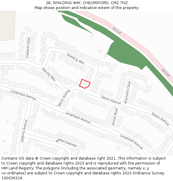 28, SPALDING WAY, CHELMSFORD, CM2 7NZ: Location map and indicative extent of plot