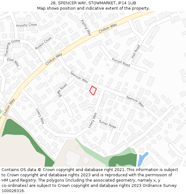 28, SPENCER WAY, STOWMARKET, IP14 1UB: Location map and indicative extent of plot