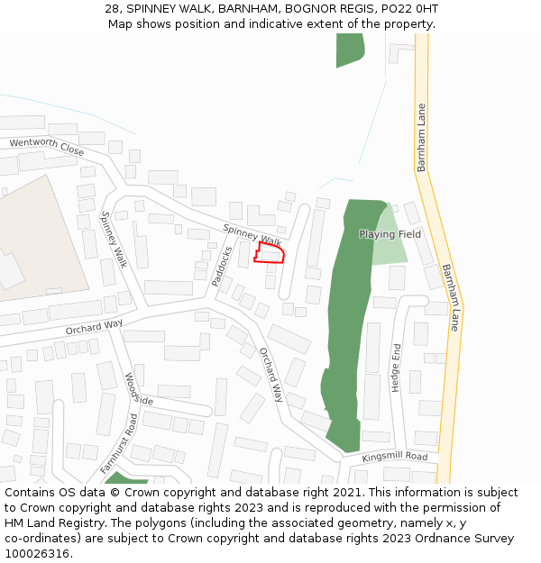 28, SPINNEY WALK, BARNHAM, BOGNOR REGIS, PO22 0HT: Location map and indicative extent of plot