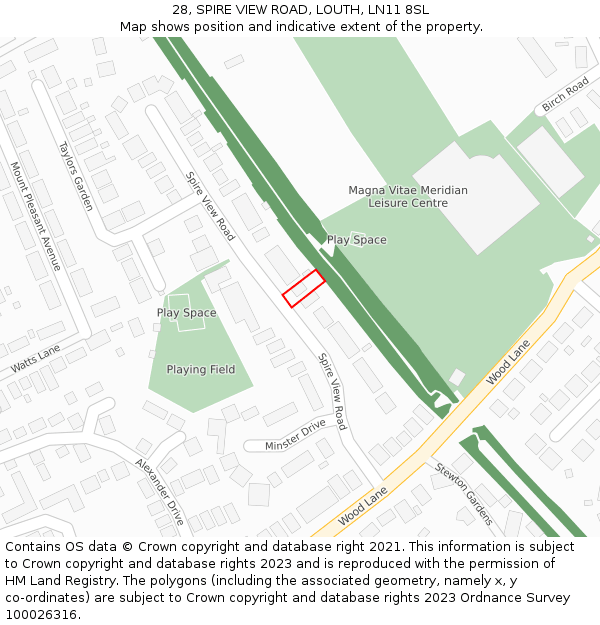 28, SPIRE VIEW ROAD, LOUTH, LN11 8SL: Location map and indicative extent of plot