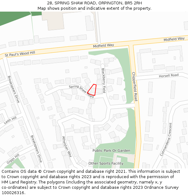 28, SPRING SHAW ROAD, ORPINGTON, BR5 2RH: Location map and indicative extent of plot