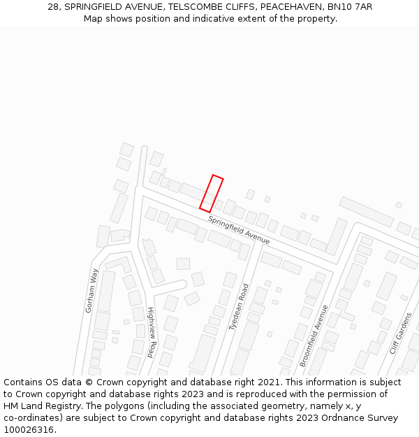 28, SPRINGFIELD AVENUE, TELSCOMBE CLIFFS, PEACEHAVEN, BN10 7AR: Location map and indicative extent of plot