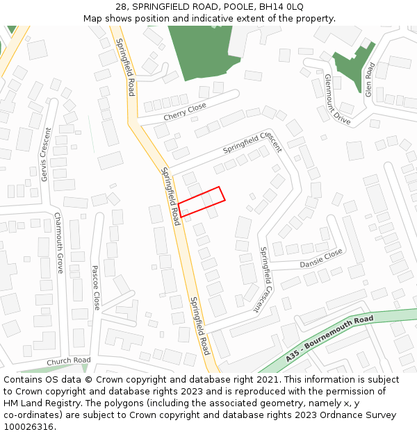 28, SPRINGFIELD ROAD, POOLE, BH14 0LQ: Location map and indicative extent of plot