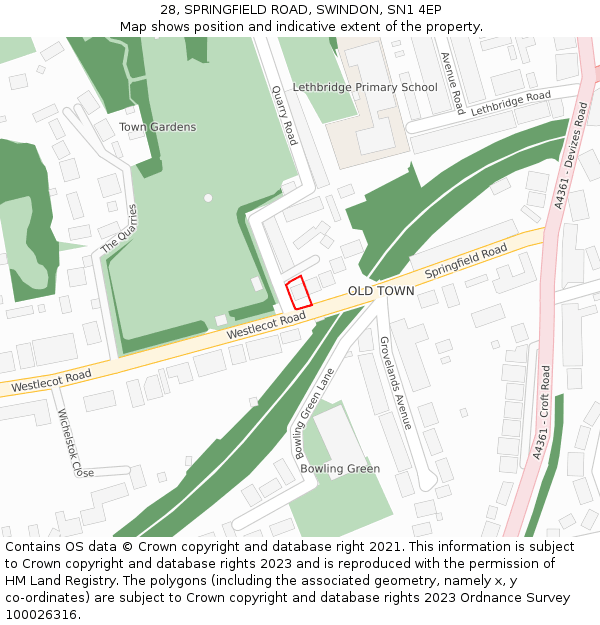 28, SPRINGFIELD ROAD, SWINDON, SN1 4EP: Location map and indicative extent of plot