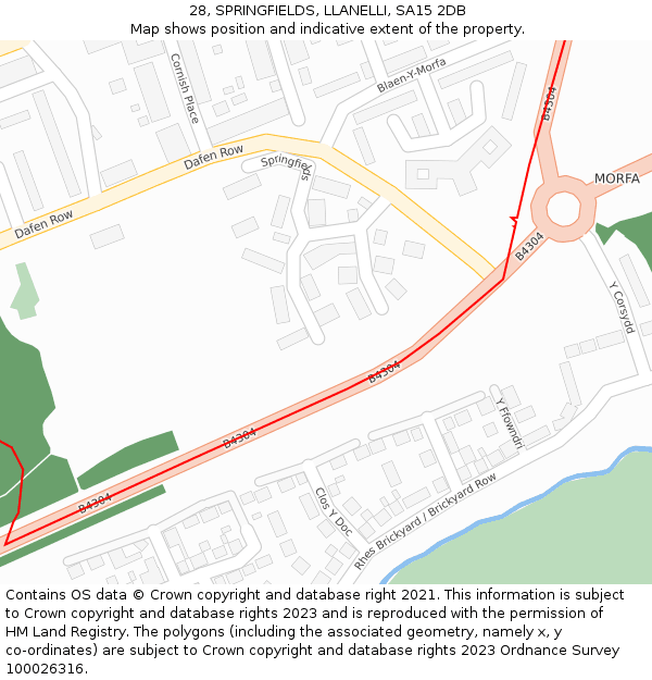 28, SPRINGFIELDS, LLANELLI, SA15 2DB: Location map and indicative extent of plot