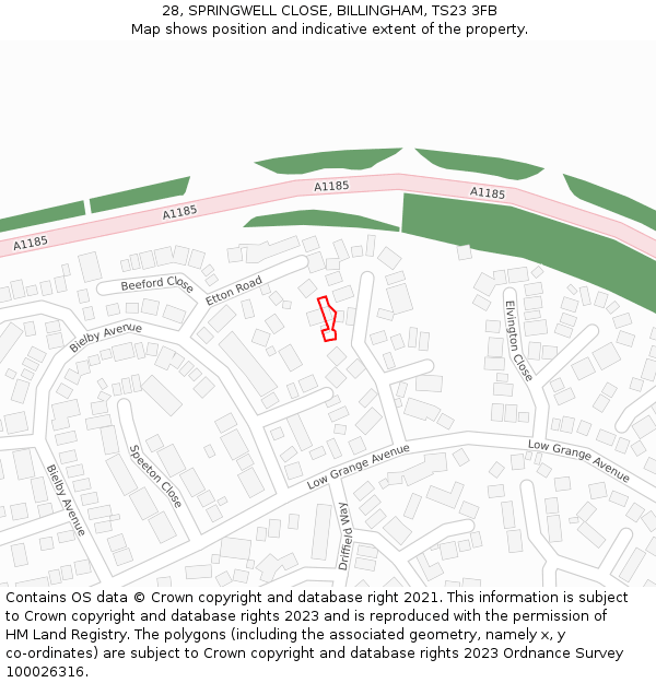 28, SPRINGWELL CLOSE, BILLINGHAM, TS23 3FB: Location map and indicative extent of plot