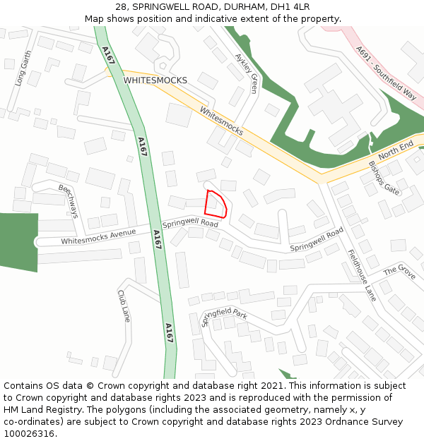 28, SPRINGWELL ROAD, DURHAM, DH1 4LR: Location map and indicative extent of plot
