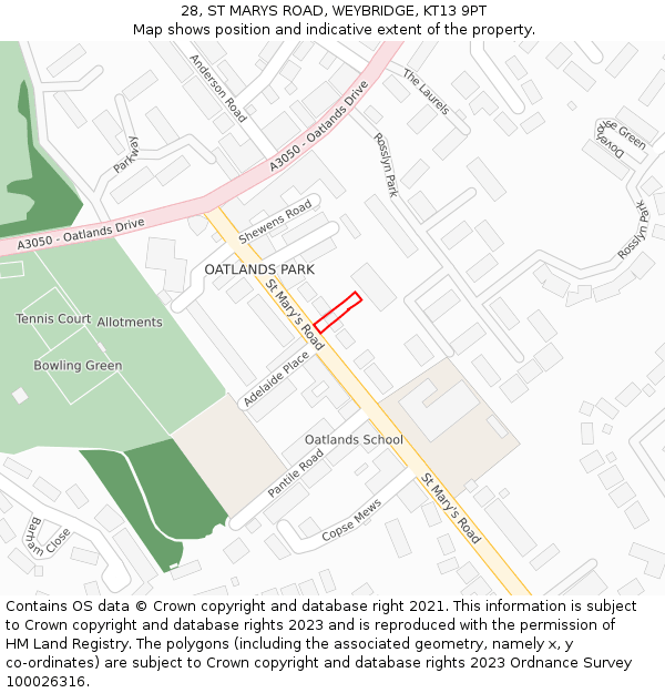28, ST MARYS ROAD, WEYBRIDGE, KT13 9PT: Location map and indicative extent of plot
