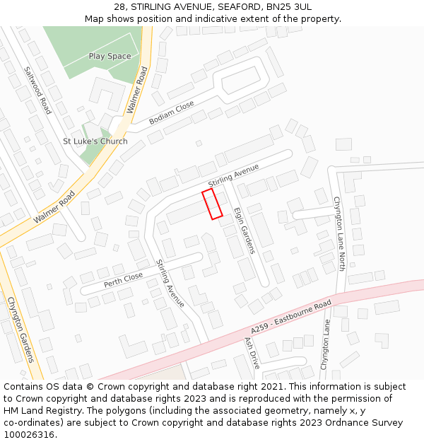 28, STIRLING AVENUE, SEAFORD, BN25 3UL: Location map and indicative extent of plot