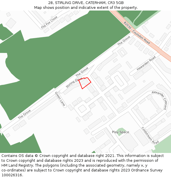 28, STIRLING DRIVE, CATERHAM, CR3 5GB: Location map and indicative extent of plot