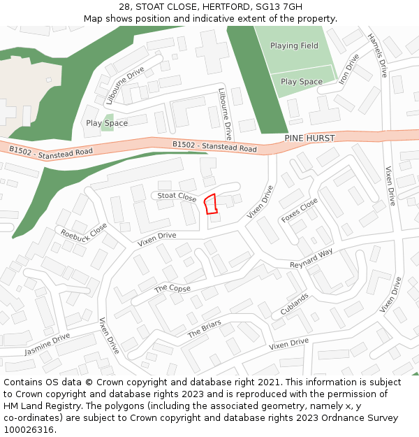 28, STOAT CLOSE, HERTFORD, SG13 7GH: Location map and indicative extent of plot