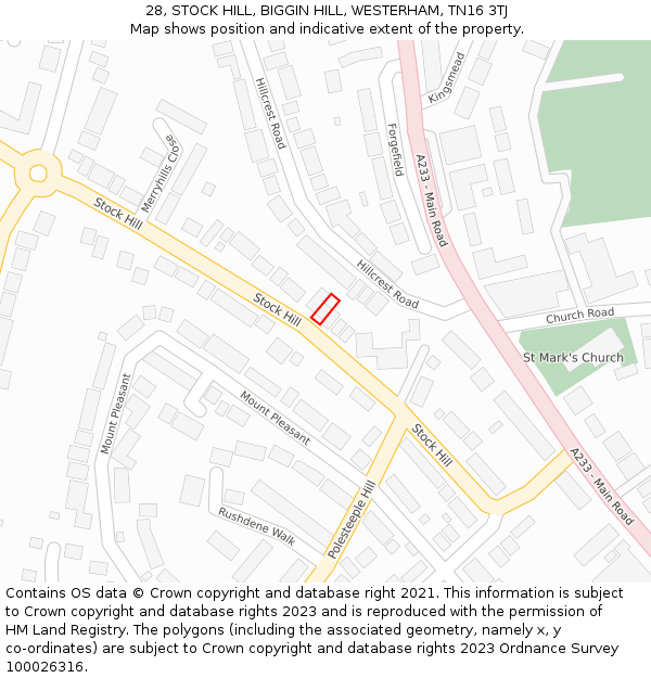 28, STOCK HILL, BIGGIN HILL, WESTERHAM, TN16 3TJ: Location map and indicative extent of plot