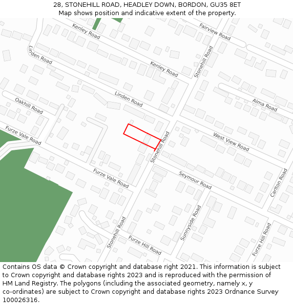 28, STONEHILL ROAD, HEADLEY DOWN, BORDON, GU35 8ET: Location map and indicative extent of plot