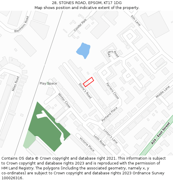 28, STONES ROAD, EPSOM, KT17 1DG: Location map and indicative extent of plot