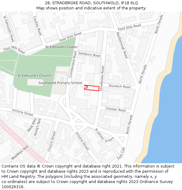 28, STRADBROKE ROAD, SOUTHWOLD, IP18 6LQ: Location map and indicative extent of plot