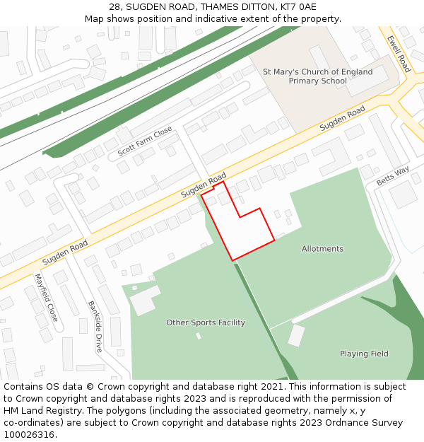 28, SUGDEN ROAD, THAMES DITTON, KT7 0AE: Location map and indicative extent of plot