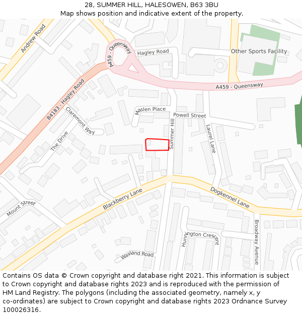 28, SUMMER HILL, HALESOWEN, B63 3BU: Location map and indicative extent of plot