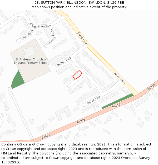 28, SUTTON PARK, BLUNSDON, SWINDON, SN26 7BB: Location map and indicative extent of plot