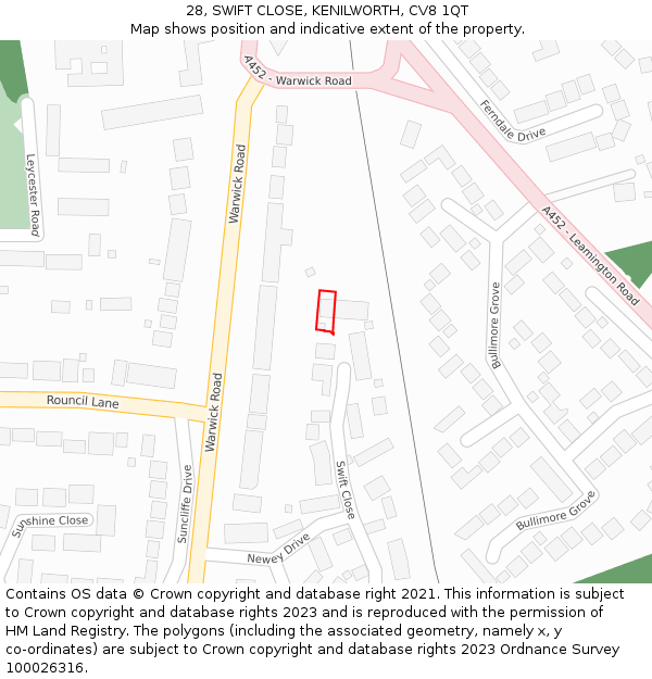 28, SWIFT CLOSE, KENILWORTH, CV8 1QT: Location map and indicative extent of plot