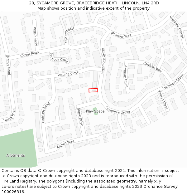 28, SYCAMORE GROVE, BRACEBRIDGE HEATH, LINCOLN, LN4 2RD: Location map and indicative extent of plot