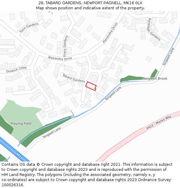 28, TABARD GARDENS, NEWPORT PAGNELL, MK16 0LX: Location map and indicative extent of plot