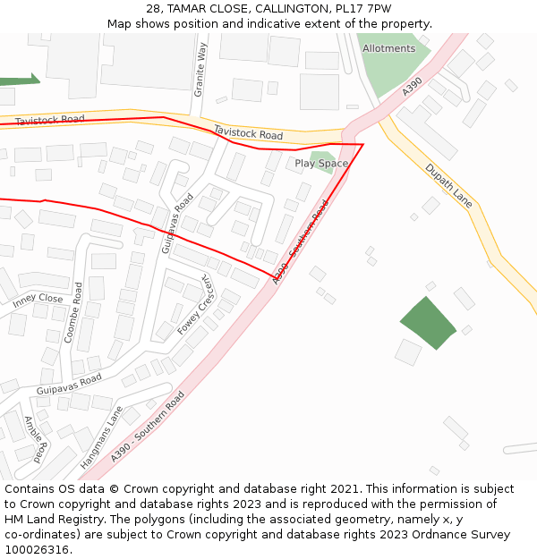 28, TAMAR CLOSE, CALLINGTON, PL17 7PW: Location map and indicative extent of plot