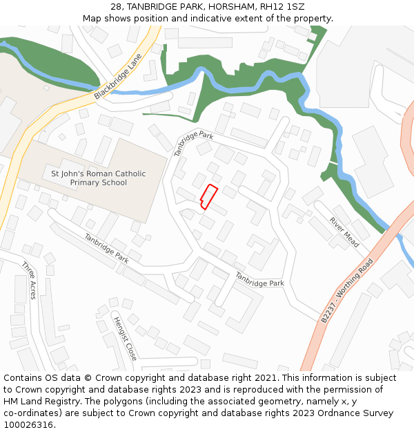 28, TANBRIDGE PARK, HORSHAM, RH12 1SZ: Location map and indicative extent of plot