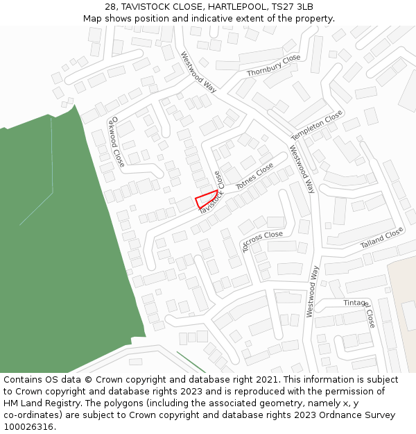 28, TAVISTOCK CLOSE, HARTLEPOOL, TS27 3LB: Location map and indicative extent of plot