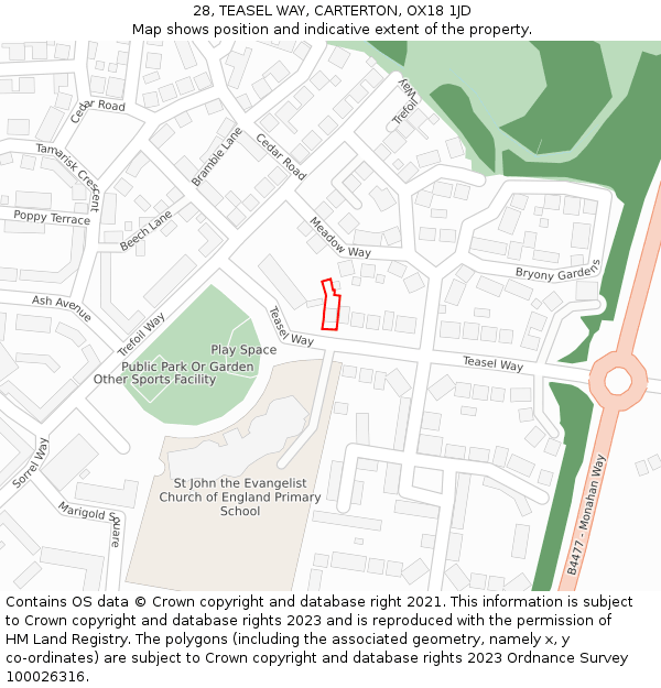 28, TEASEL WAY, CARTERTON, OX18 1JD: Location map and indicative extent of plot