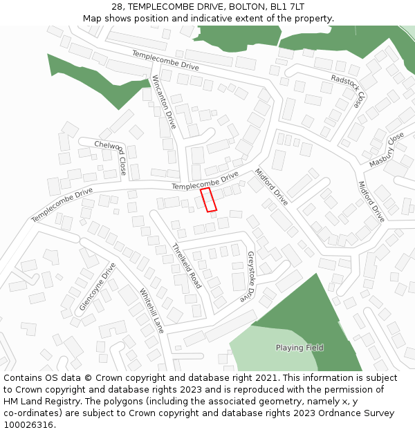 28, TEMPLECOMBE DRIVE, BOLTON, BL1 7LT: Location map and indicative extent of plot