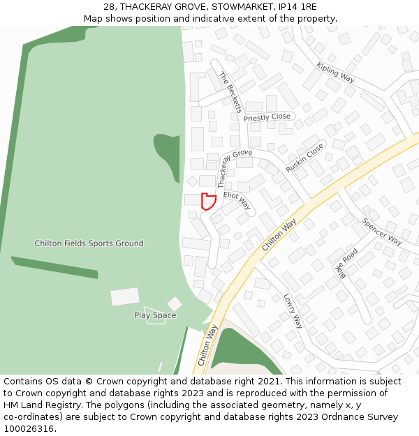 28, THACKERAY GROVE, STOWMARKET, IP14 1RE: Location map and indicative extent of plot