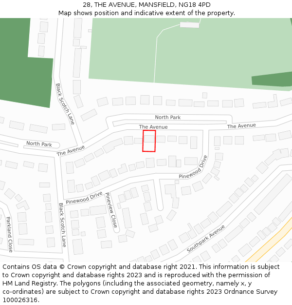 28, THE AVENUE, MANSFIELD, NG18 4PD: Location map and indicative extent of plot