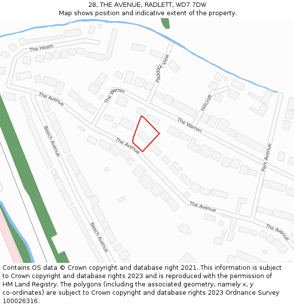 28, THE AVENUE, RADLETT, WD7 7DW: Location map and indicative extent of plot