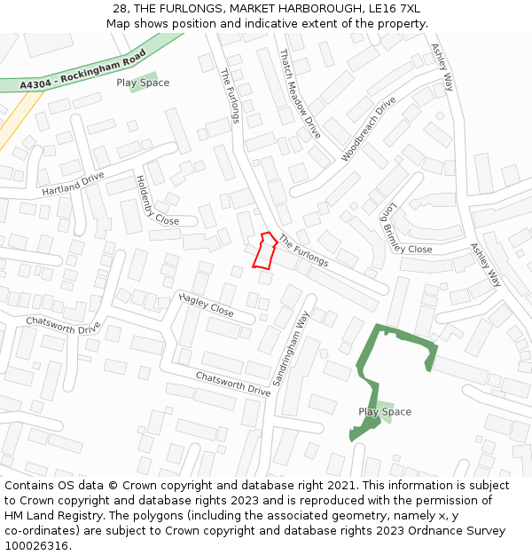 28, THE FURLONGS, MARKET HARBOROUGH, LE16 7XL: Location map and indicative extent of plot