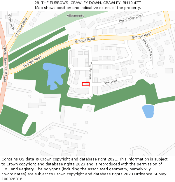 28, THE FURROWS, CRAWLEY DOWN, CRAWLEY, RH10 4ZT: Location map and indicative extent of plot