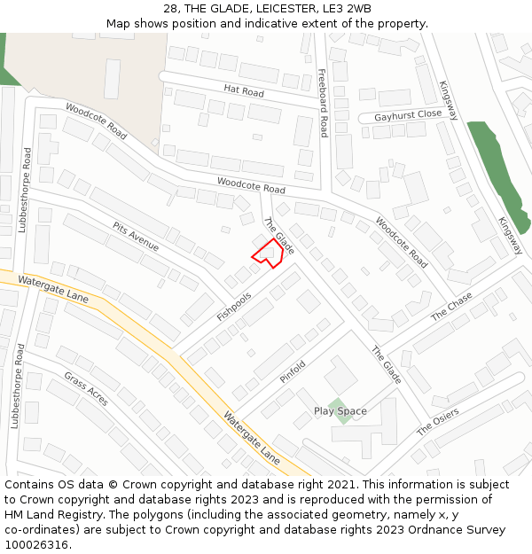 28, THE GLADE, LEICESTER, LE3 2WB: Location map and indicative extent of plot